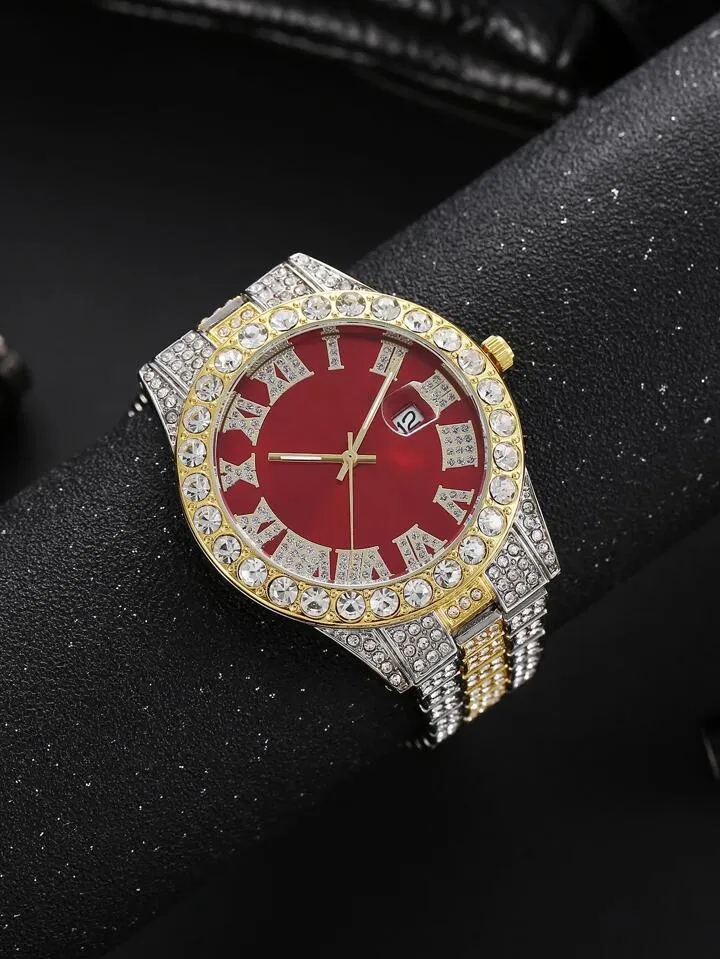 Men's Fashion Diamond Stainless Calendar & Clock Auto Quartz Male Watch dy01