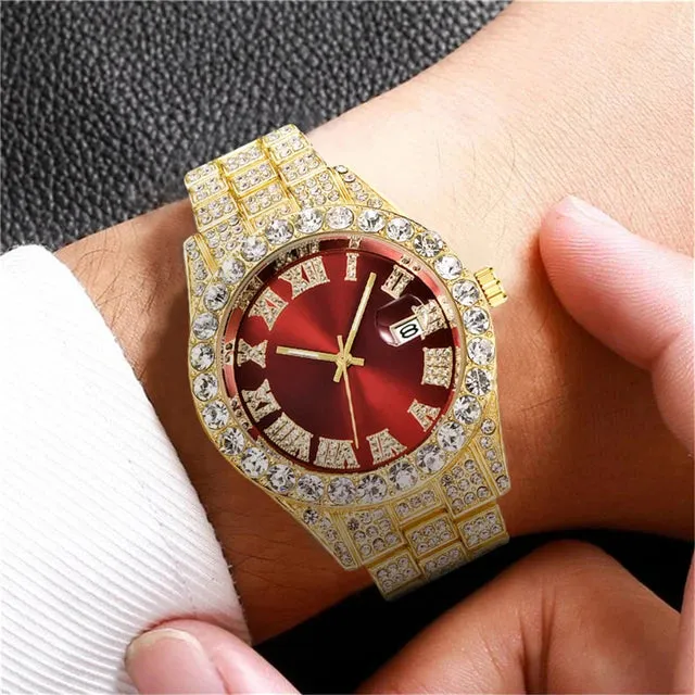 Men's Fashion Diamond Stainless Calendar & Clock Auto Quartz Male Watch dy01