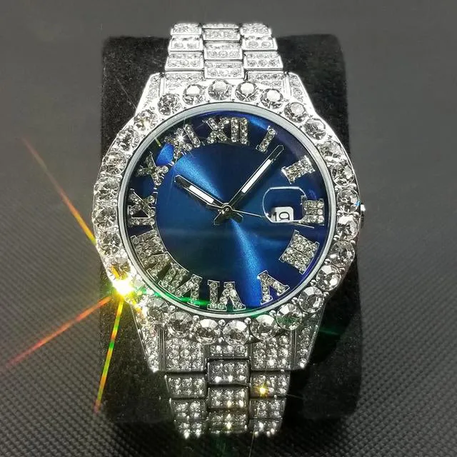 Men's Fashion Diamond Stainless Calendar & Clock Auto Quartz Male Watch dy01