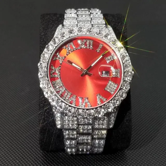 Men's Fashion Diamond Stainless Calendar & Clock Auto Quartz Male Watch dy01