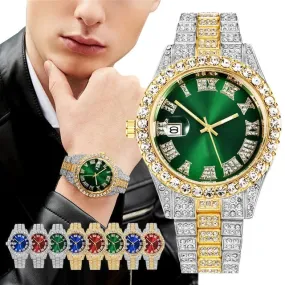 Men's Fashion Diamond Stainless Calendar & Clock Auto Quartz Male Watch dy01