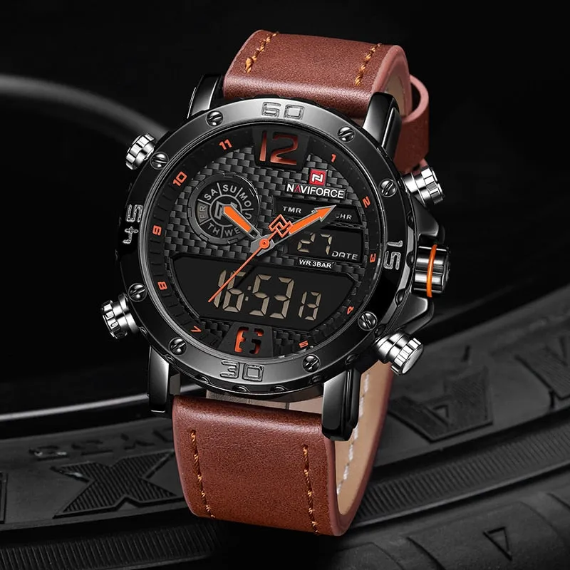 Men's Leather Band Sports LED Watch