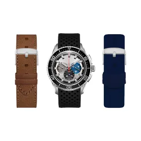 Men's Round Silver Case Analog Watch with Brown, Navy, and Black Interchangeable Straps