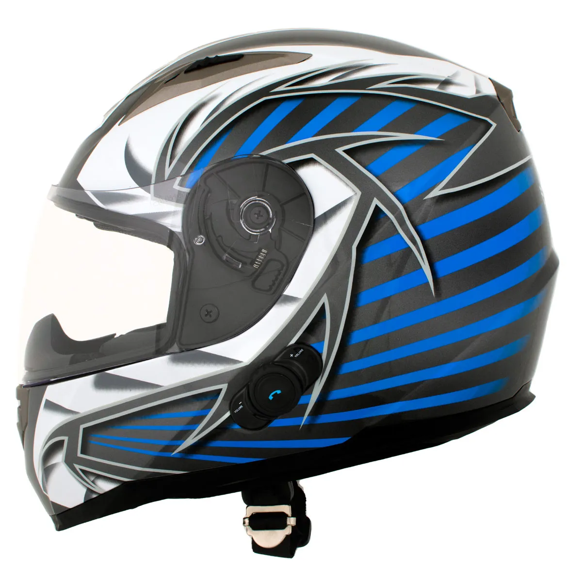 Milwaukee Helmets H512 Titanium and Blue Chit-Chat Black Full Face Motorcycle Helmet w/ Intercom - Built-in Speaker and Microphone for Men / Women