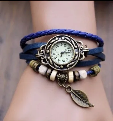 New Arrivals Genuine Leather Hand Knit Vintage Watches,bracelet Wristwatches Leaf Pendant