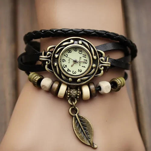 New Arrivals Genuine Leather Hand Knit Vintage Watches,bracelet Wristwatches Leaf Pendant