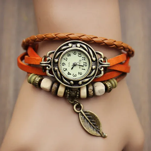 New Arrivals Genuine Leather Hand Knit Vintage Watches,bracelet Wristwatches Leaf Pendant