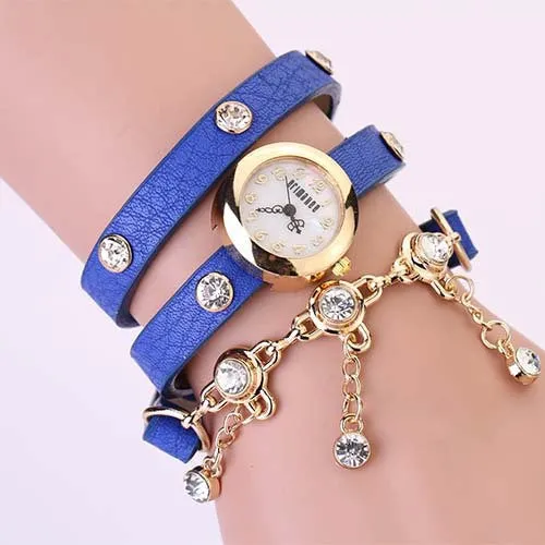 New Arrivals Women Leather Strap Watches Set Auger Rivet Bracelet Women Dress Watches Wristwatches Luxury Hand Wind Drill