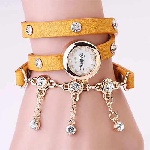 New Arrivals Women Leather Strap Watches Set Auger Rivet Bracelet Women Dress Watches Wristwatches Luxury Hand Wind Drill