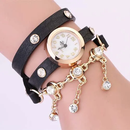 New Arrivals Women Leather Strap Watches Set Auger Rivet Bracelet Women Dress Watches Wristwatches Luxury Hand Wind Drill