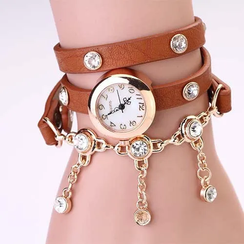 New Arrivals Women Leather Strap Watches Set Auger Rivet Bracelet Women Dress Watches Wristwatches Luxury Hand Wind Drill