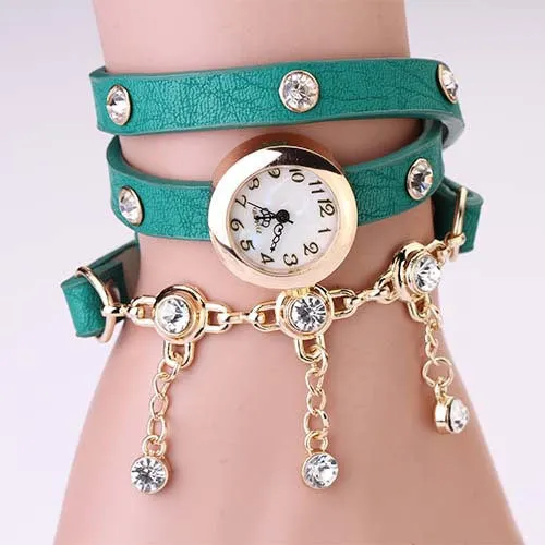 New Arrivals Women Leather Strap Watches Set Auger Rivet Bracelet Women Dress Watches Wristwatches Luxury Hand Wind Drill