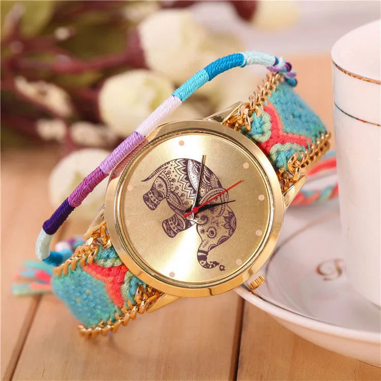 New Brand Handmade Braided Elephant Friendship Bracelet Watch GENEVA Watch Ladies Quarzt Watches