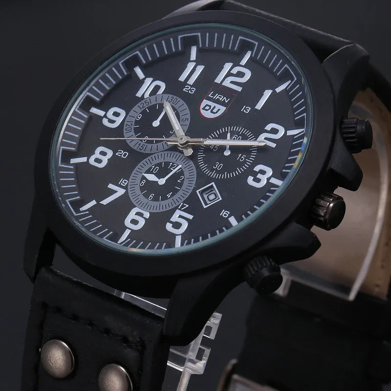 New Business Quartz watch Men sport Military Watches Men Corium Leather Strap army wristwatch clock hours Complete Calendar