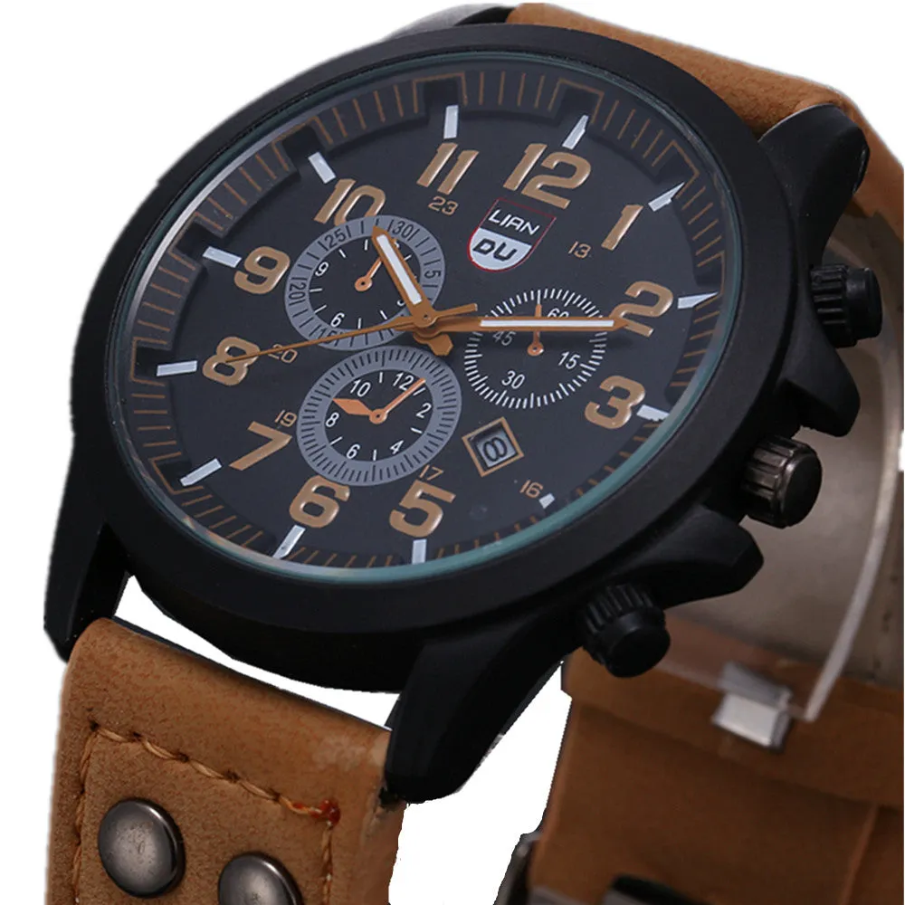 New Business Quartz watch Men sport Military Watches Men Corium Leather Strap army wristwatch clock hours Complete Calendar