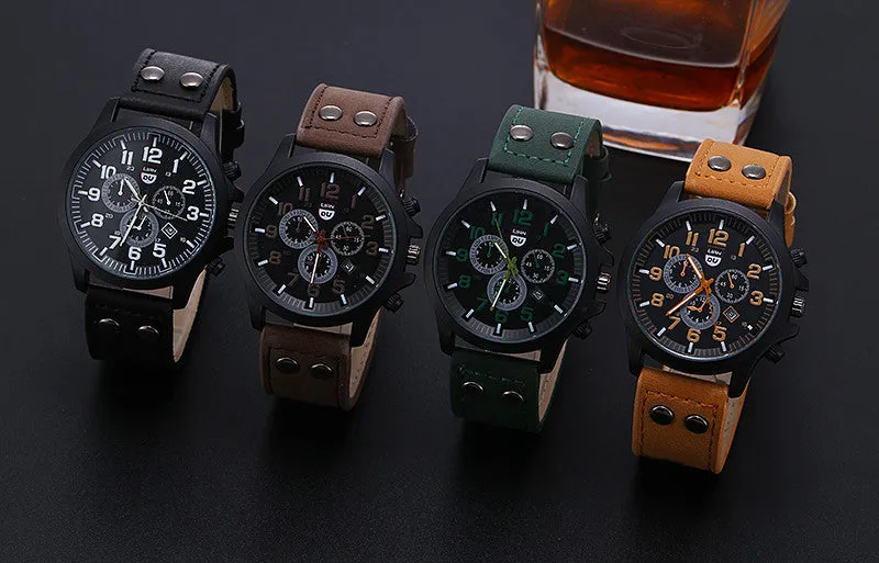 New Business Quartz watch Men sport Military Watches Men Corium Leather Strap army wristwatch clock hours Complete Calendar