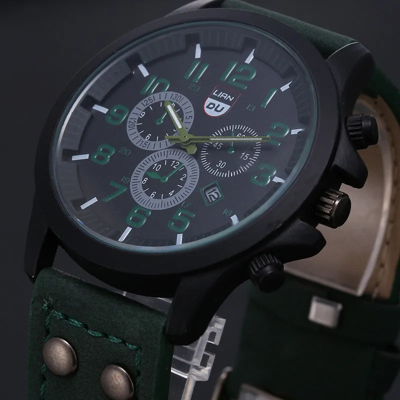 New Business Quartz watch Men sport Military Watches Men Corium Leather Strap army wristwatch clock hours Complete Calendar