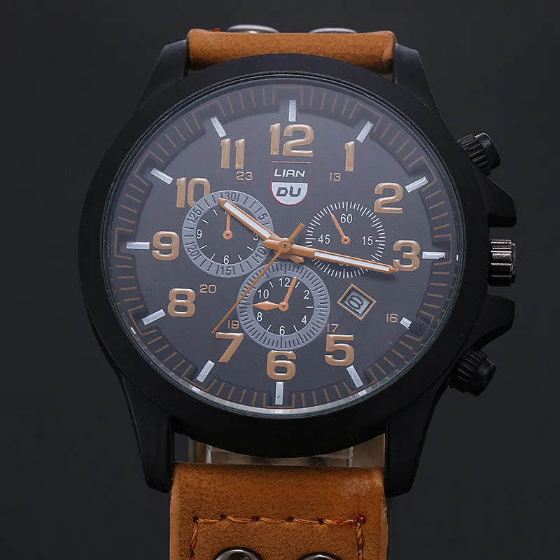 New Business Quartz watch Men sport Military Watches Men Corium Leather Strap army wristwatch clock hours Complete Calendar