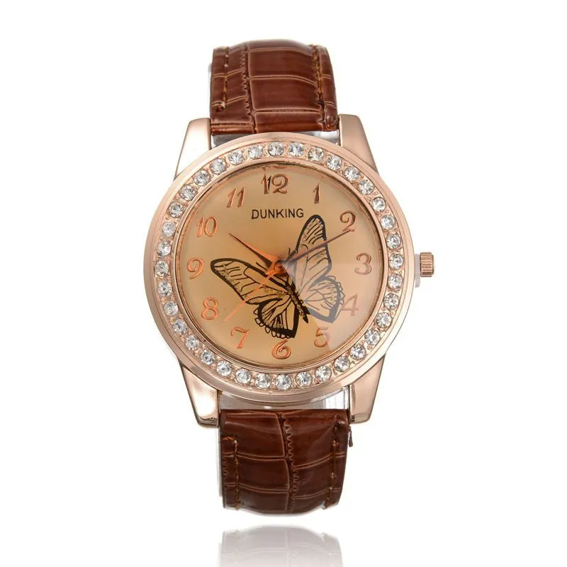 New Fashion Cute Butterfly Rhinestone Casual Leather Rhinestone Quartz Women Dress Watches