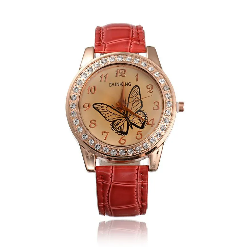 New Fashion Cute Butterfly Rhinestone Casual Leather Rhinestone Quartz Women Dress Watches