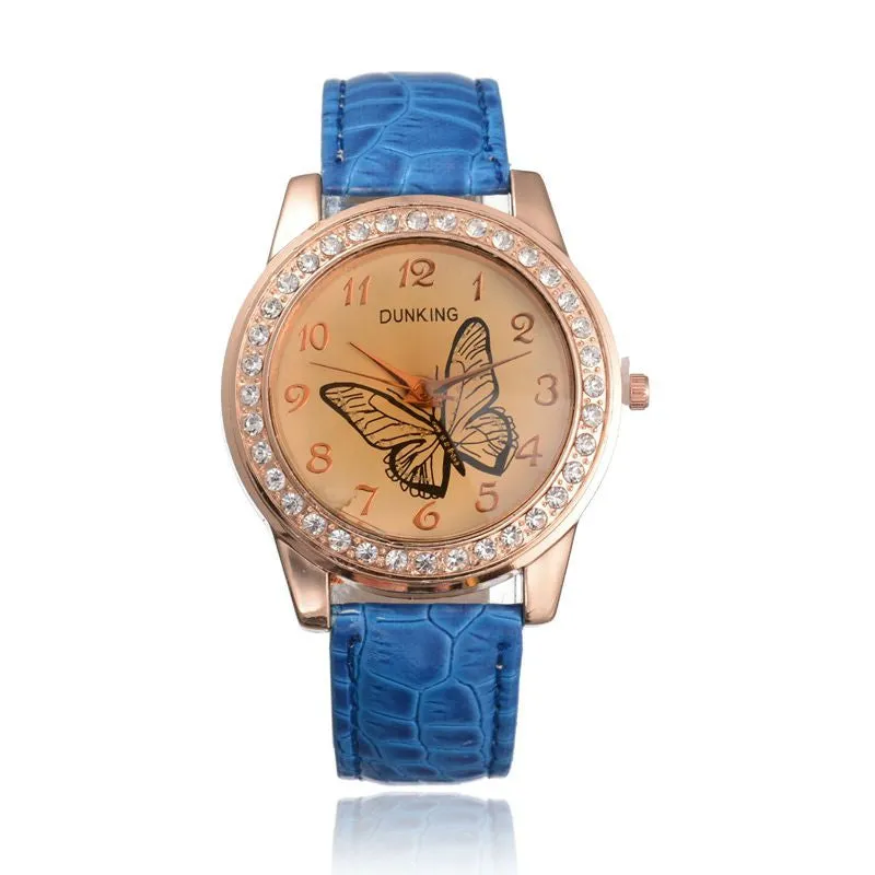 New Fashion Cute Butterfly Rhinestone Casual Leather Rhinestone Quartz Women Dress Watches