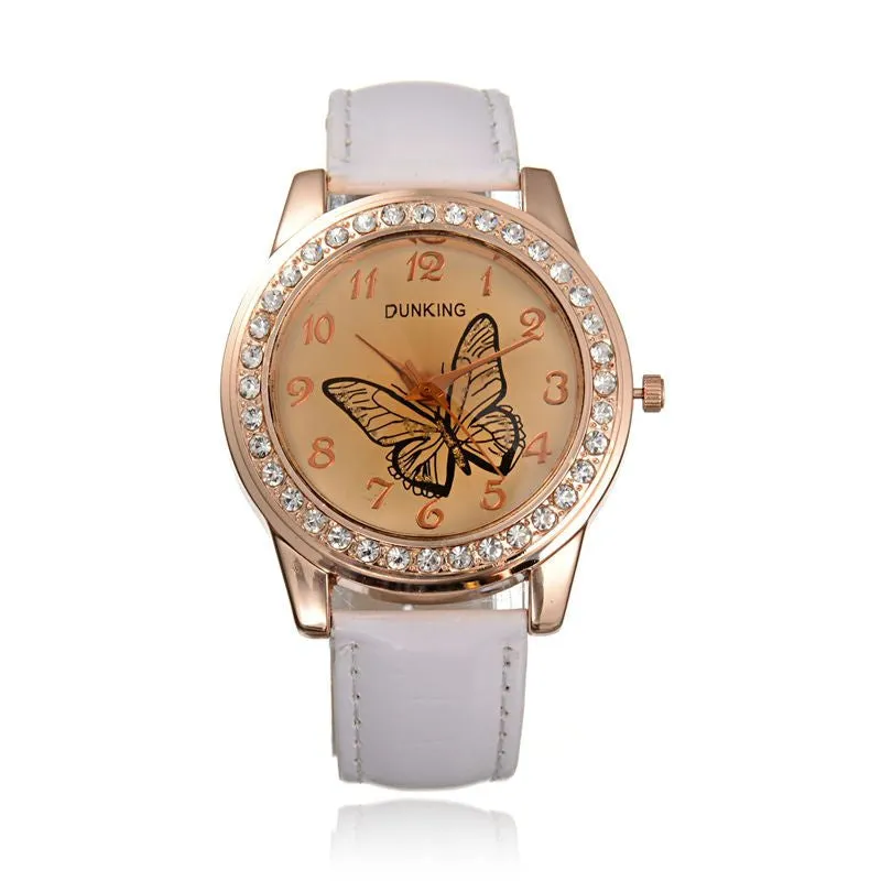 New Fashion Cute Butterfly Rhinestone Casual Leather Rhinestone Quartz Women Dress Watches