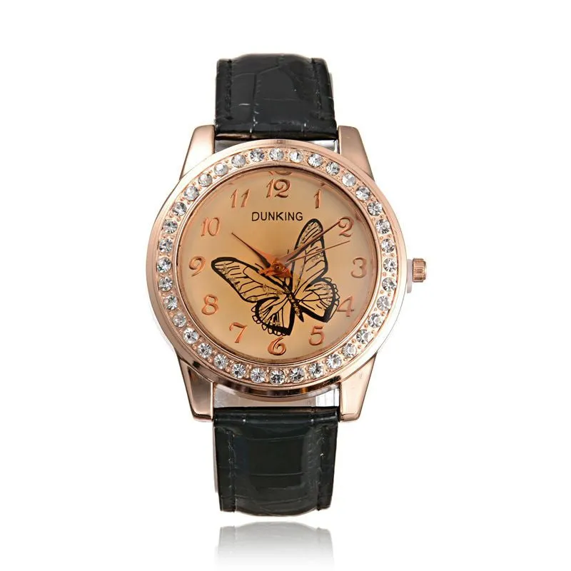 New Fashion Cute Butterfly Rhinestone Casual Leather Rhinestone Quartz Women Dress Watches