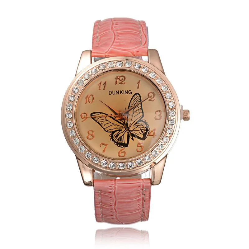 New Fashion Cute Butterfly Rhinestone Casual Leather Rhinestone Quartz Women Dress Watches