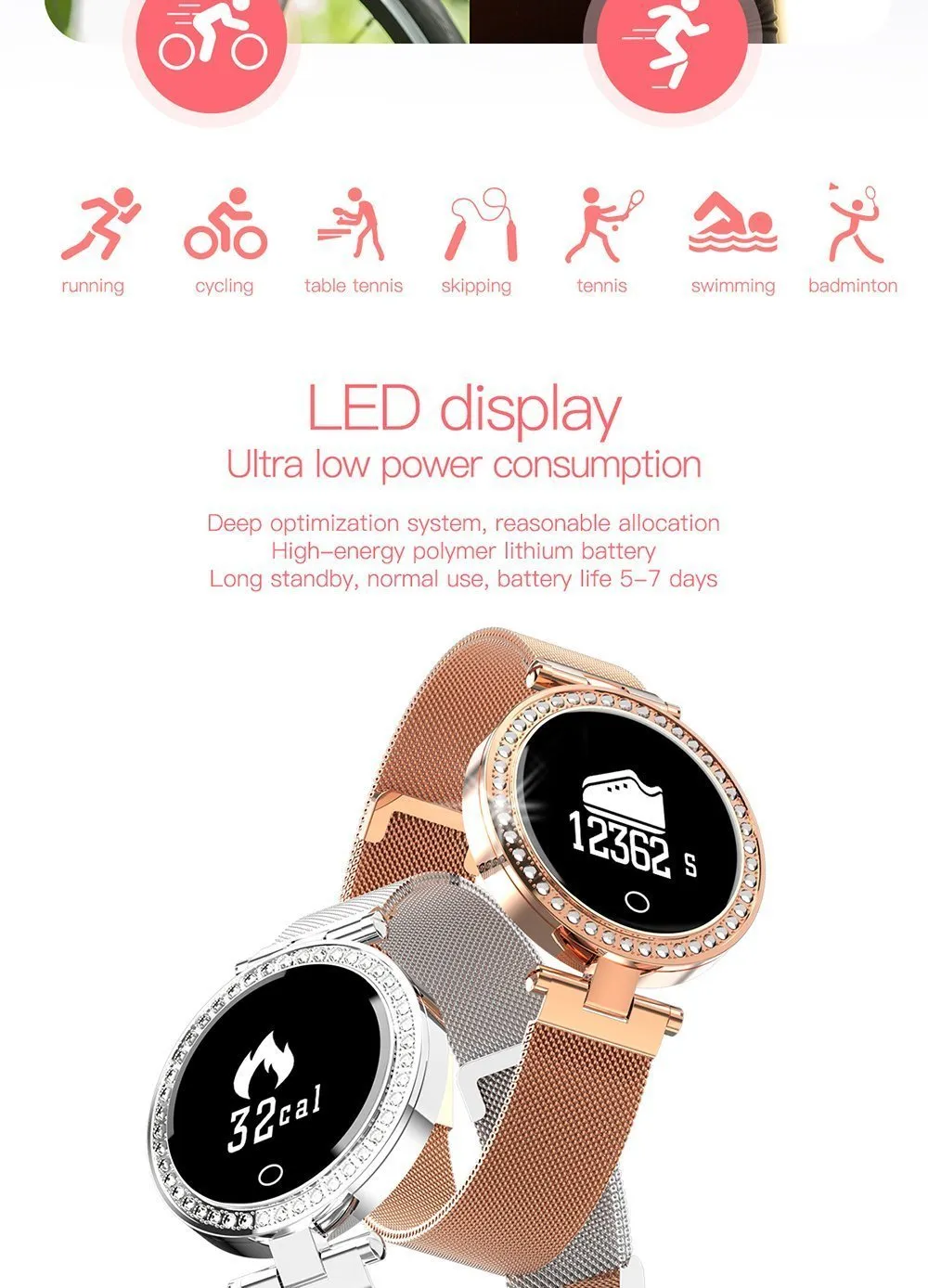 New IP68 Waterproof Heart Rate Blood Pressure Monitor Pedometer Calorie Smartwatch For Women Ladies