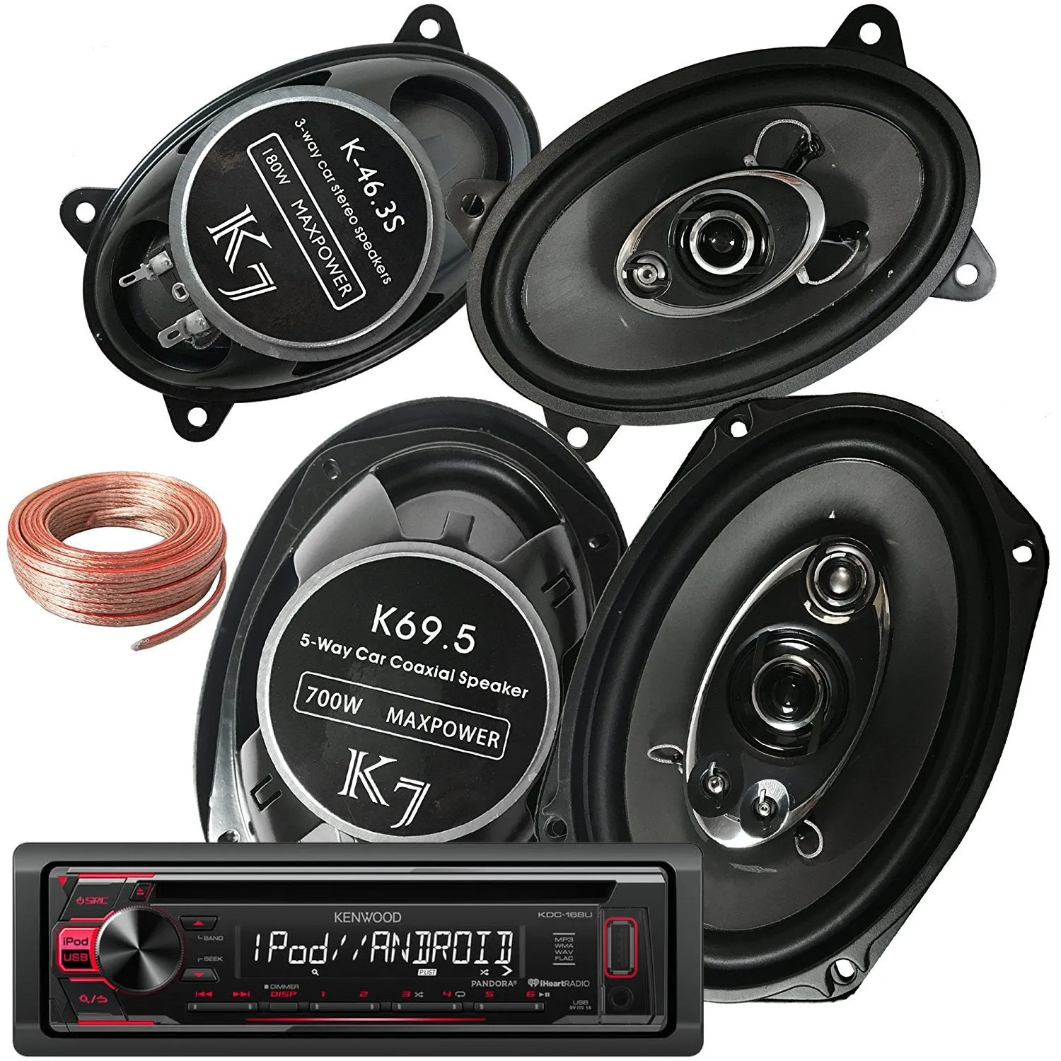 Package - Kenwood KDC-168U In-Dash 1-DIN CD Car Stereo Receiver w/ Front USB   Pair Of K7 K-46.3S 4x6-Inchs 180W 3-WAY   Pair Of K69.5 6"x9" 700W 5-WAY Car Audio Speakers   100ft Speaker Wire