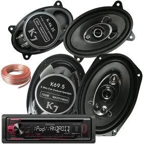 Package - Kenwood KDC-168U In-Dash 1-DIN CD Car Stereo Receiver w/ Front USB   Pair Of K7 K-46.3S 4x6-Inchs 180W 3-WAY   Pair Of K69.5 6"x9" 700W 5-WAY Car Audio Speakers   100ft Speaker Wire