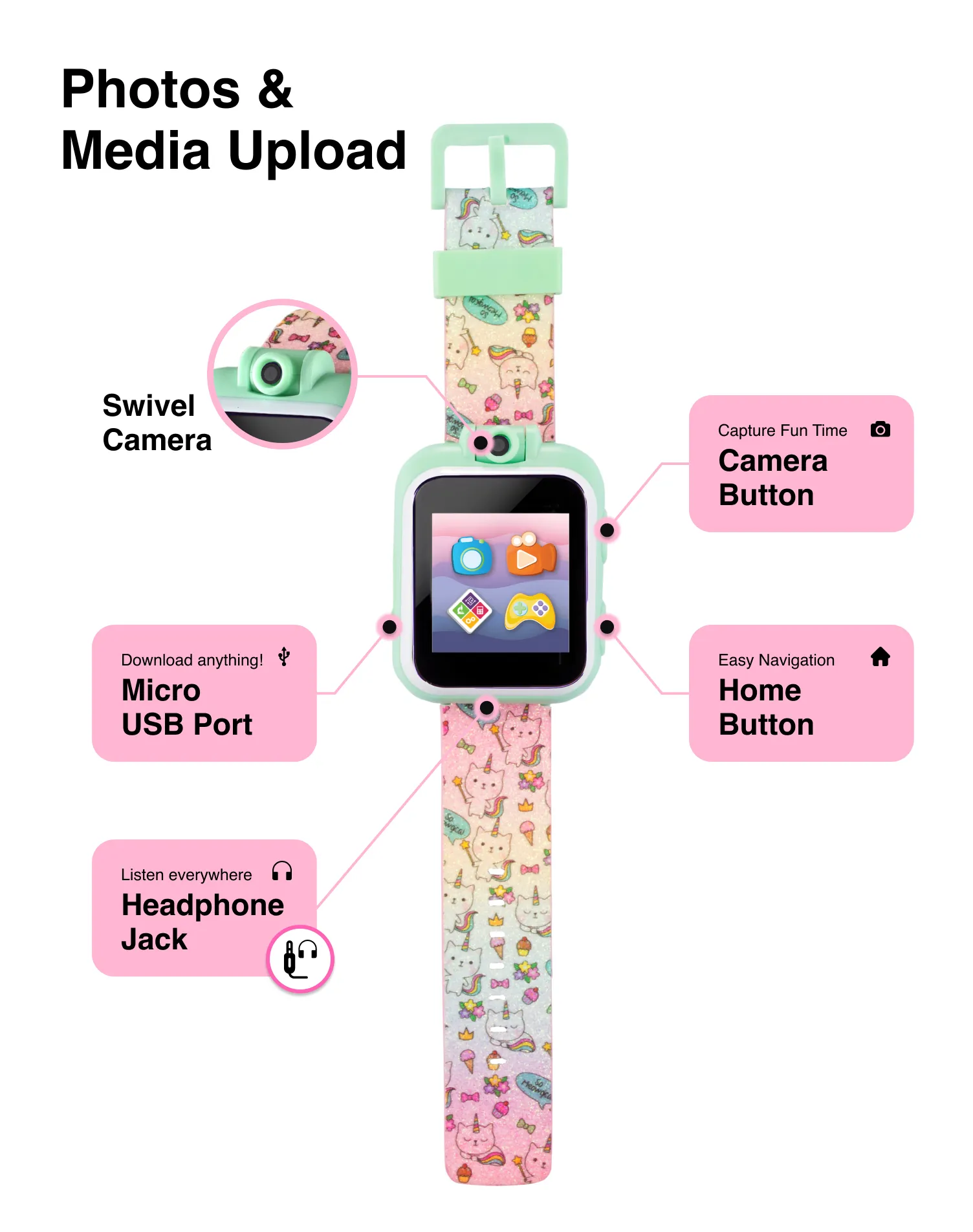 PlayZoom 2 Kids Smartwatch: Tie Dye Unicorn Cats and Ice Cream Print