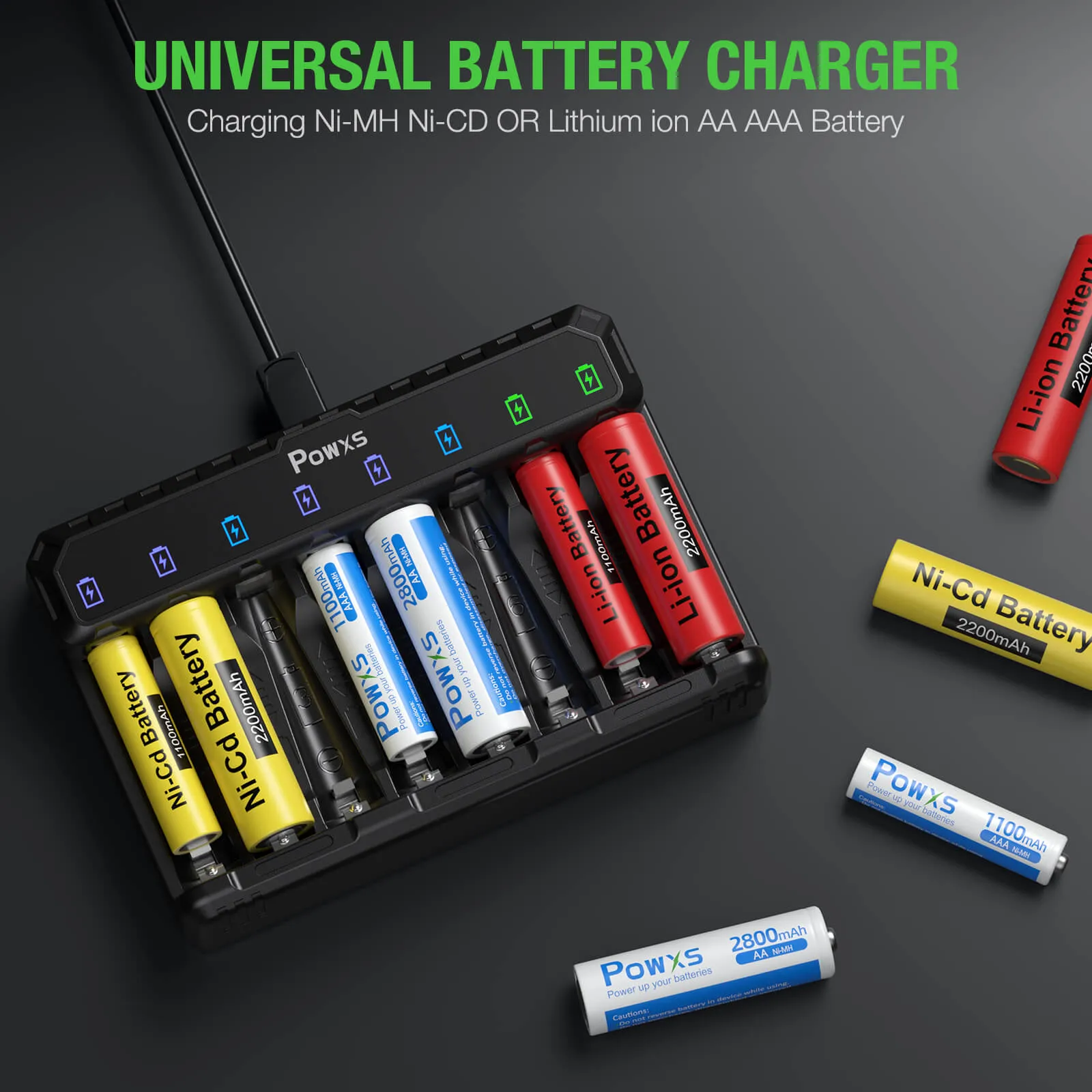 POWXS Rechargeable AA Batteries with 8 Slot LCD Charger