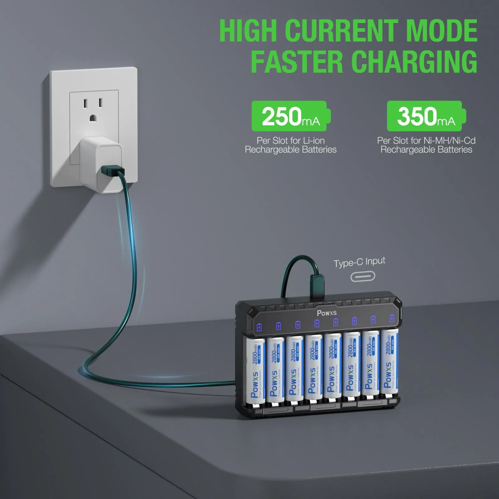 POWXS Rechargeable AA Batteries with 8 Slot LCD Charger