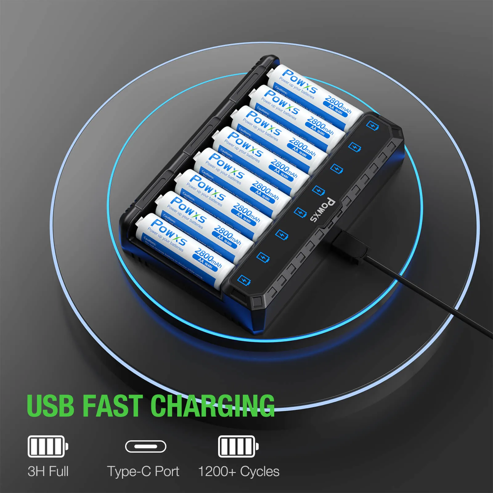 POWXS Rechargeable AA Batteries with 8 Slot LCD Charger