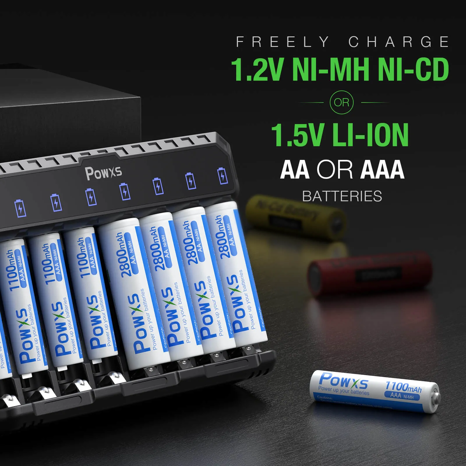 POWXS Rechargeable AA Batteries with 8 Slot LCD Charger