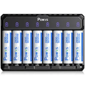 POWXS Rechargeable AA Batteries with 8 Slot LCD Charger