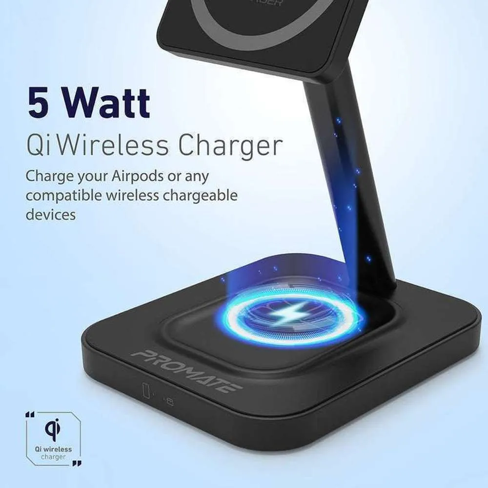 Promate 2-in-1 Wireless Stand 15W Mag Charger 5W Qi Wireless Black