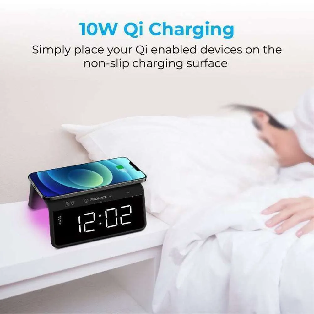 Promate LED Alarm Clock RGB Night light 10W Qi Charger USB Port Black