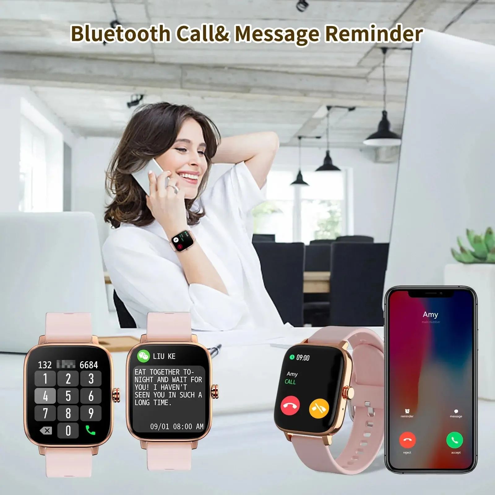 Smartwatch For Women Men 1.7" Full Touch Screen Answer BT Call For Android iOS Phone 24h Heart Rate Blood Pressure 100  Dials