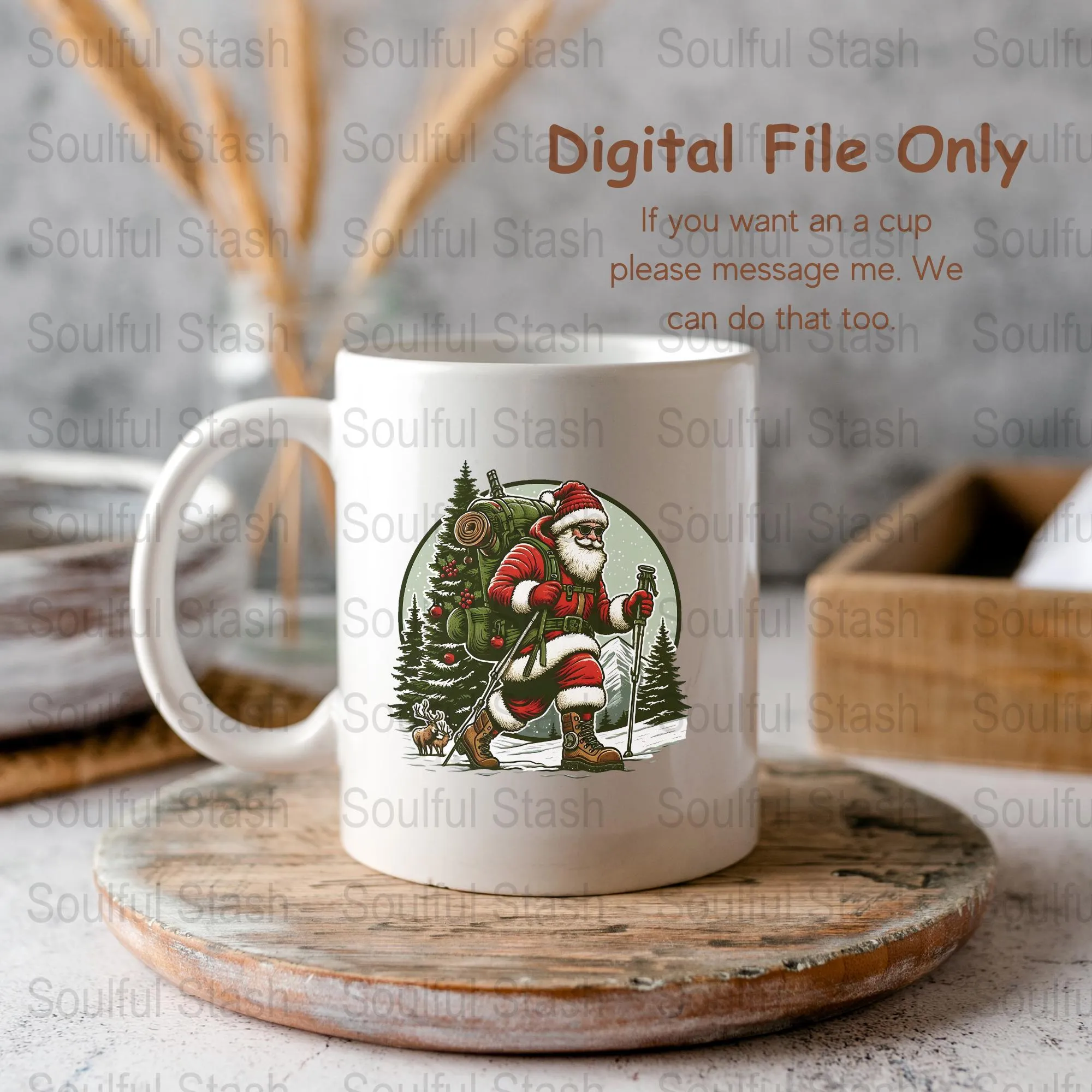 Unique Hiking Santa Digital Download, Hiking Santa PNG, Christmas Art Sublimation, Santa Claus Illustration, Downloadable Xmas Print