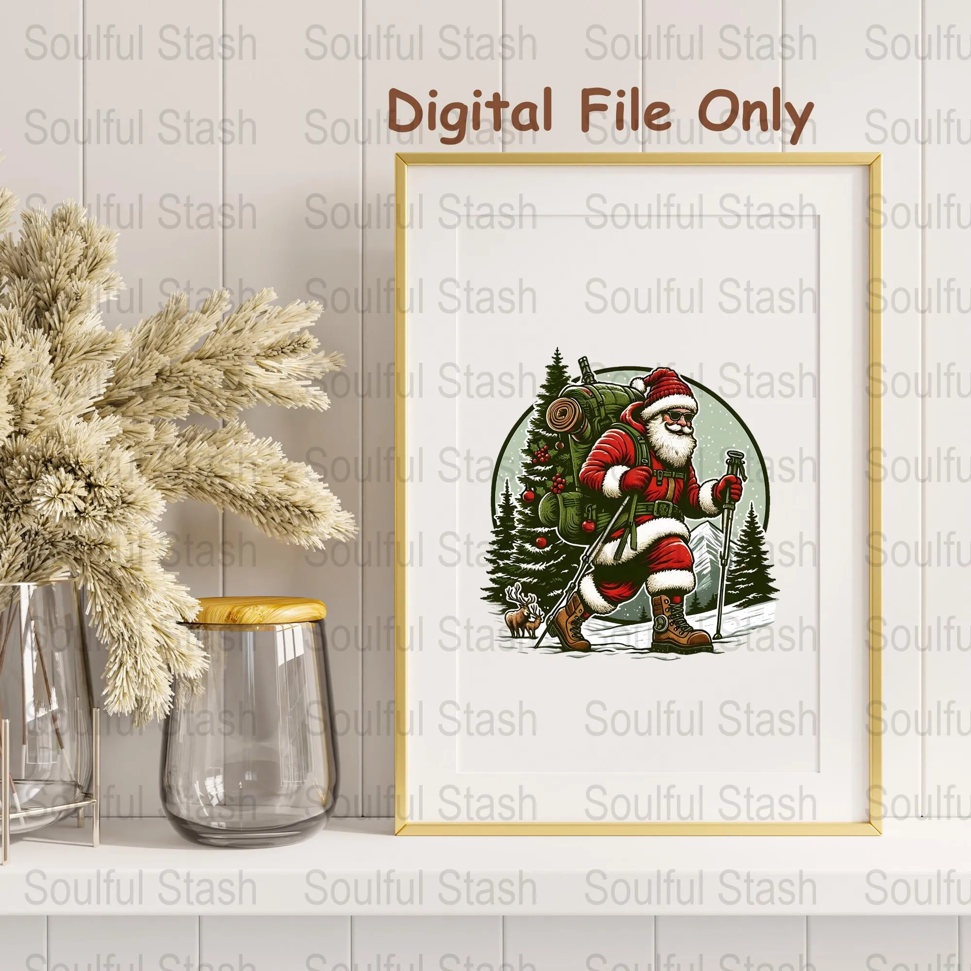 Unique Hiking Santa Digital Download, Hiking Santa PNG, Christmas Art Sublimation, Santa Claus Illustration, Downloadable Xmas Print