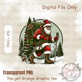 Unique Hiking Santa Digital Download, Hiking Santa PNG, Christmas Art Sublimation, Santa Claus Illustration, Downloadable Xmas Print