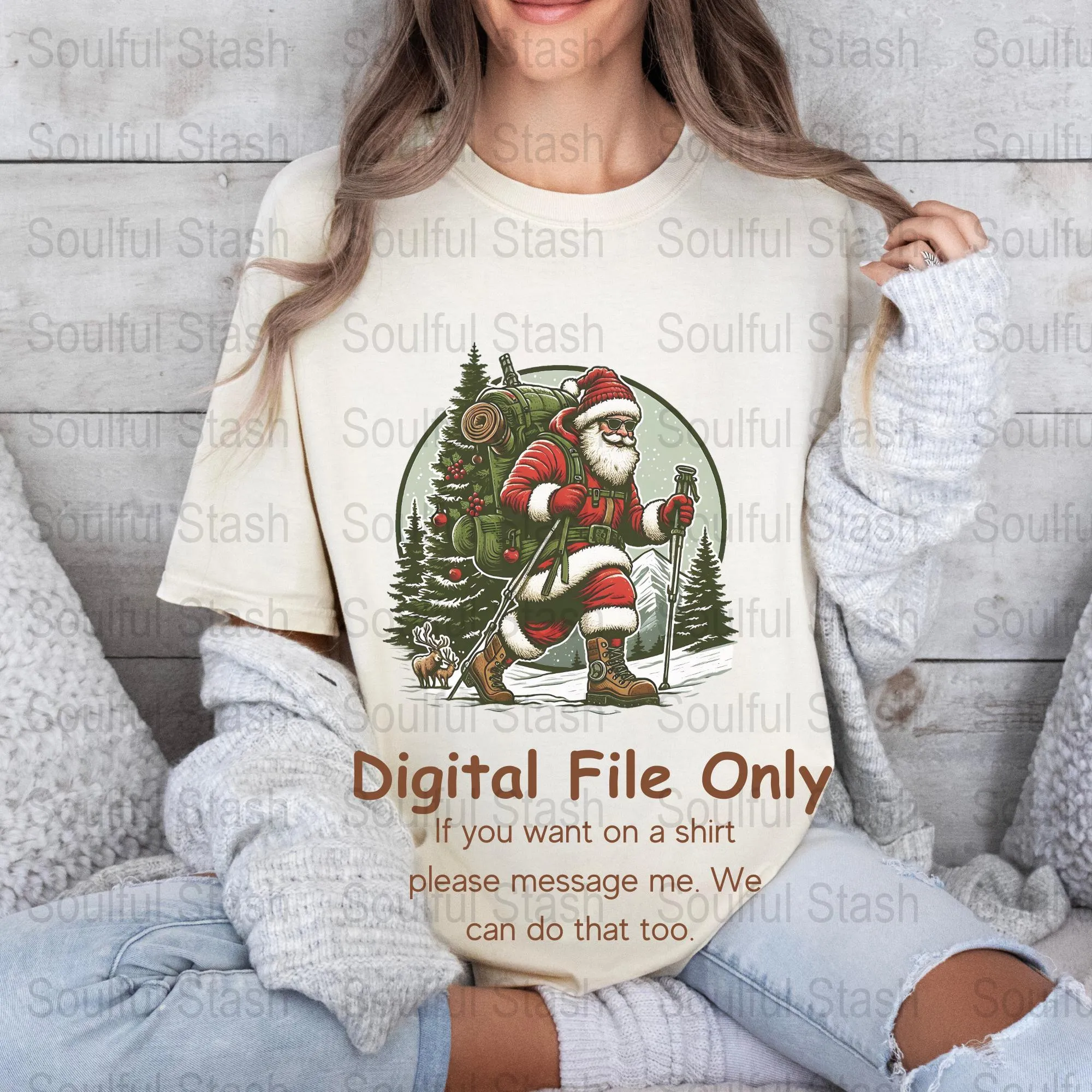 Unique Hiking Santa Digital Download, Hiking Santa PNG, Christmas Art Sublimation, Santa Claus Illustration, Downloadable Xmas Print