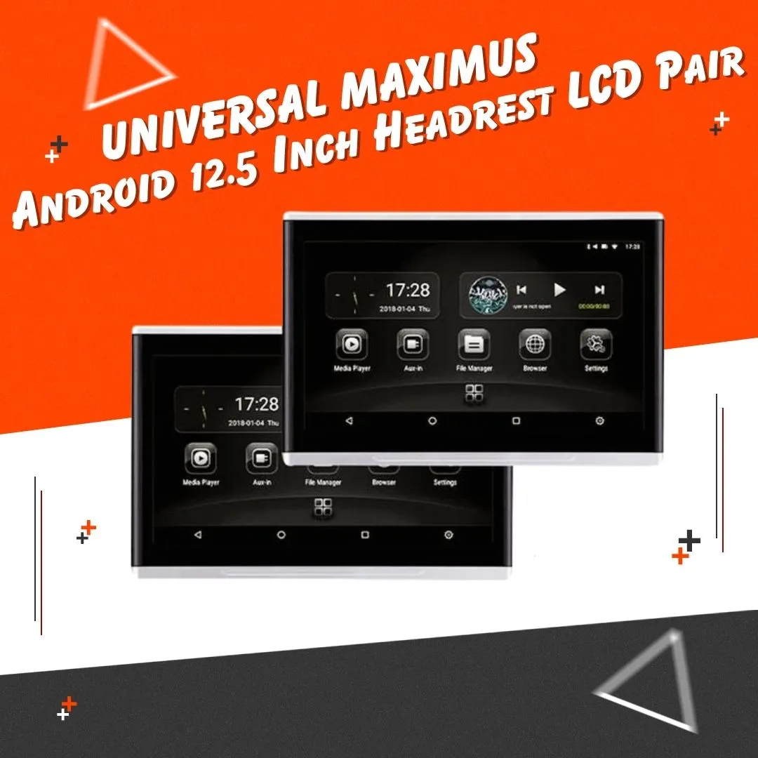 Universal Headrest Android LCD Silver 12.5 Inches - Pair - Maximus Octa Core Ultra Thin Multimedia IPS Display System