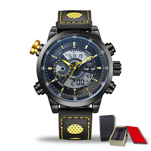 WEIDE Genuine Leather Watches Men Quartz Digital Fashion Military Casual Sports Watch Luxury Brand Relogio Outdoor Wristwatches