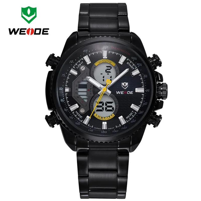 WEIDE Mens Watches Top Brand Luxury Fashion Quartz Analog Digital LCD Display Stainless Steel Multifunction Dive Casual Watch