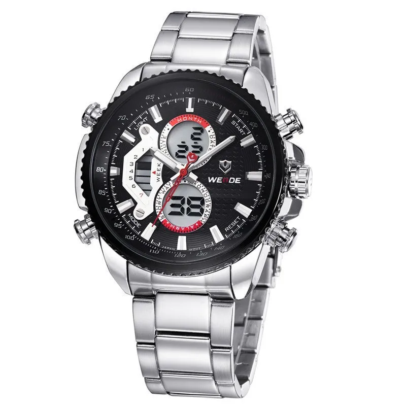 WEIDE Mens Watches Top Brand Luxury Fashion Quartz Analog Digital LCD Display Stainless Steel Multifunction Dive Casual Watch