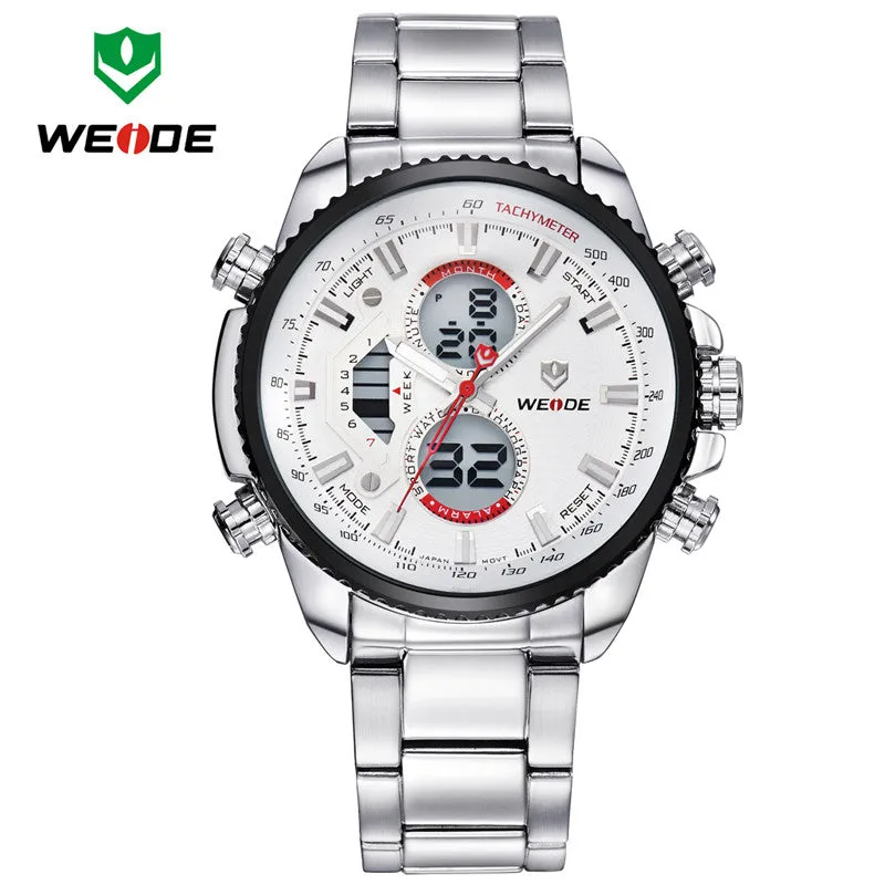 WEIDE Mens Watches Top Brand Luxury Fashion Quartz Analog Digital LCD Display Stainless Steel Multifunction Dive Casual Watch