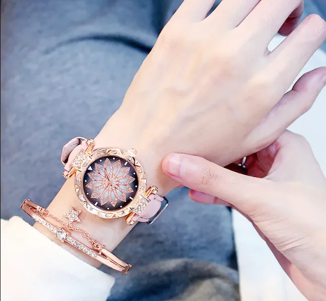 Women Watches Bracelet set Starry Sky Ladies Bracelet Watch Casual Leather 2019